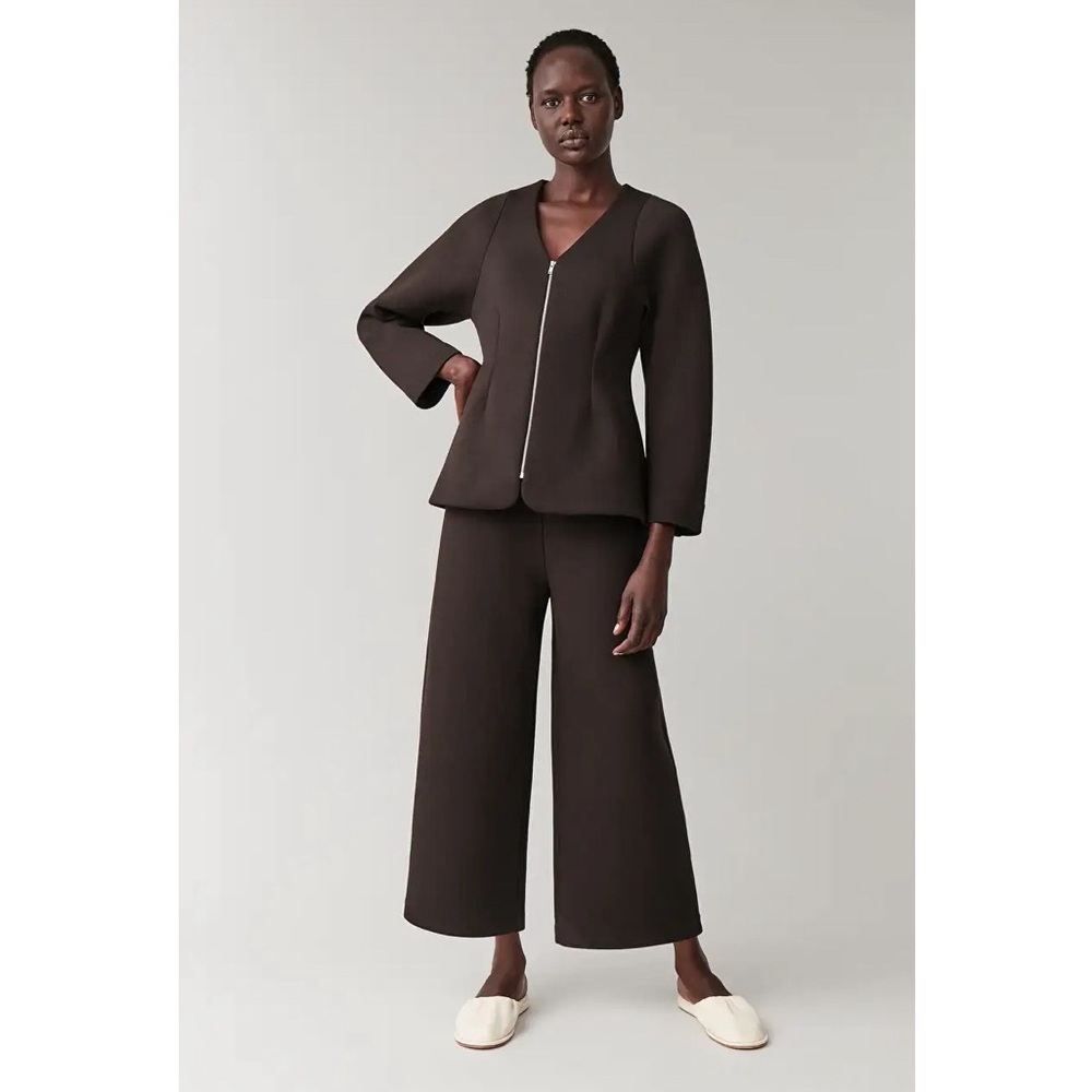 COS scuba jacket and High-Waisted pants in chocolate brown